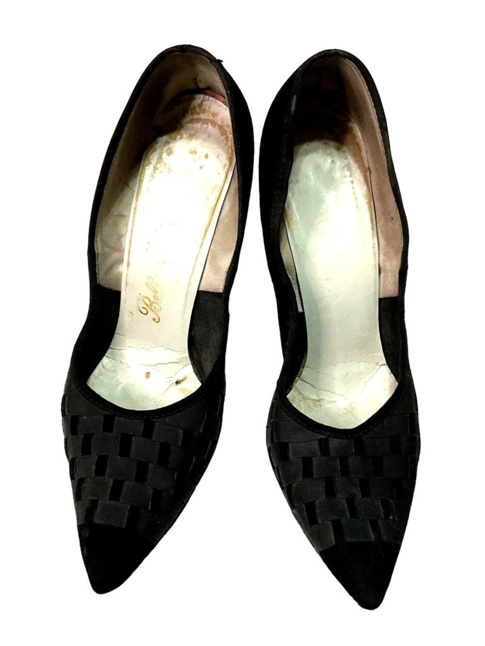 Vtg Belle Mode Black Suede Heels Sz 7 Ribbon Accents 3.5" Heel Pointed Toe Women